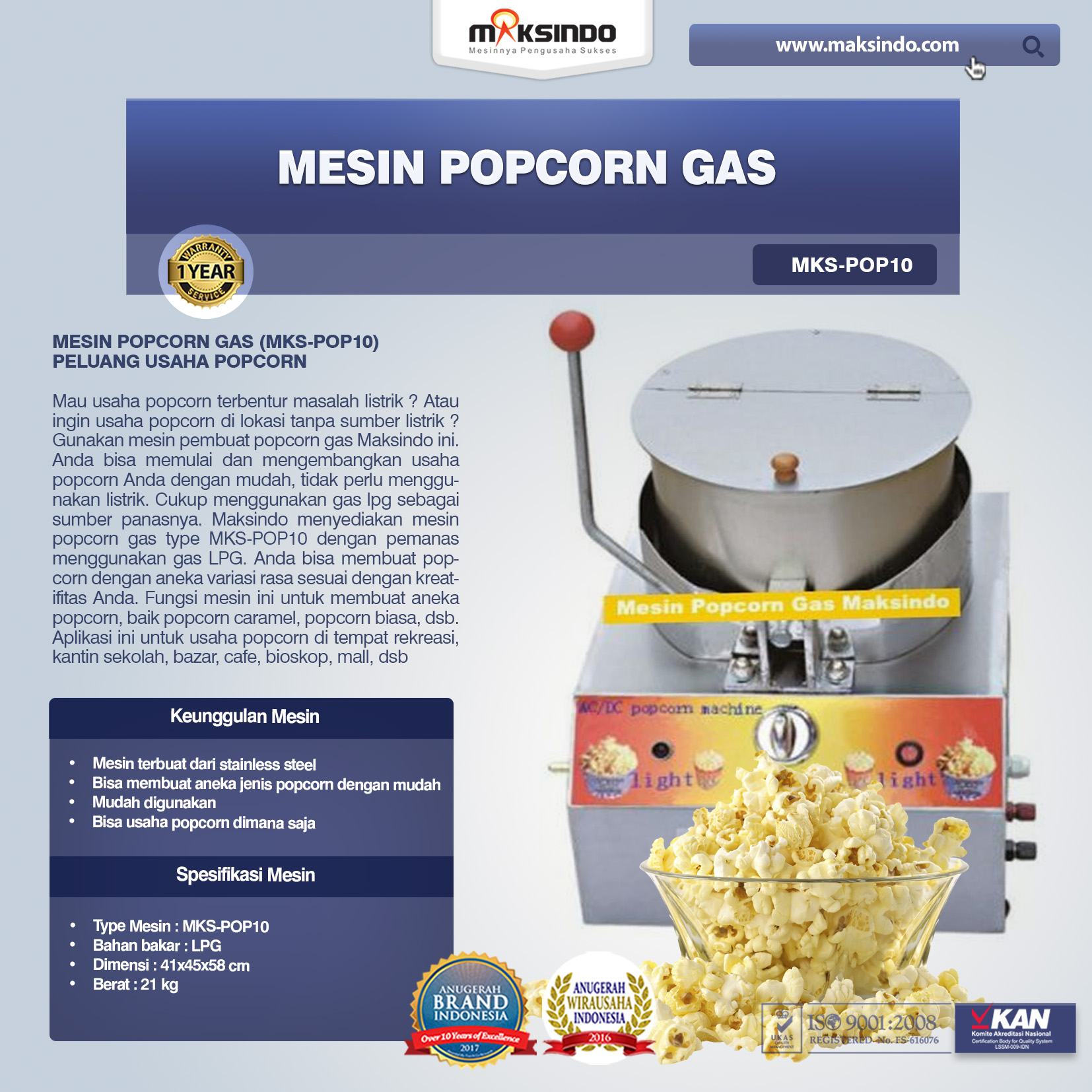 Jual Mesin Popcorn Gas (MKS-POP10) di Jakarta