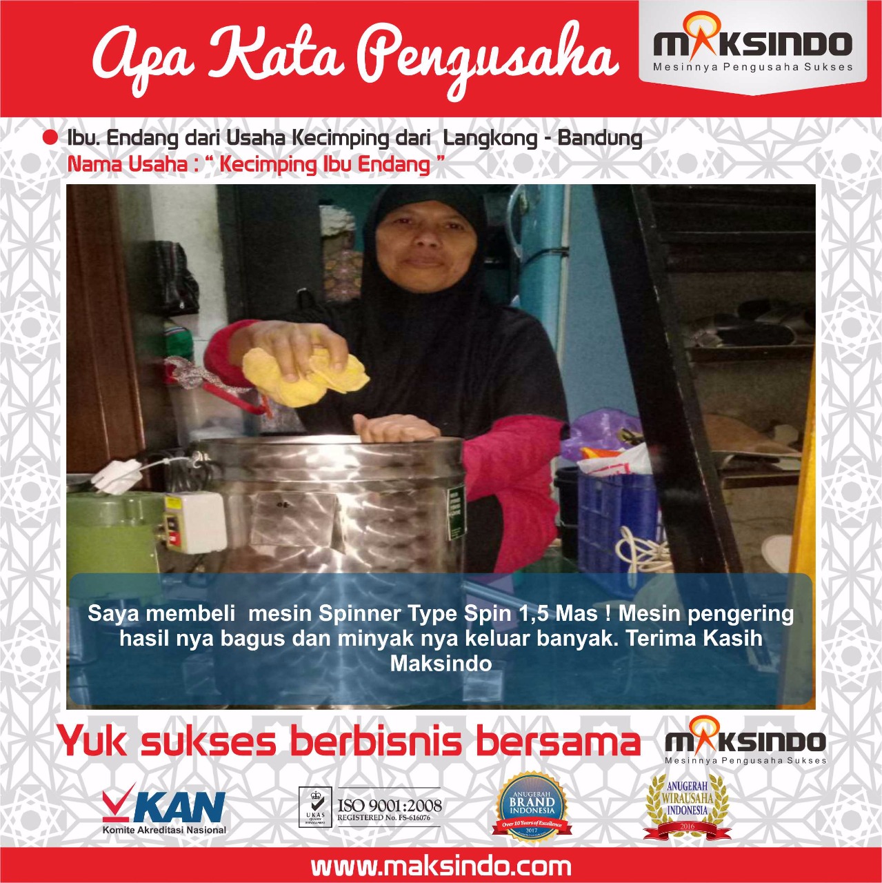 Kecimping Ibu Endang : Usaha Saya Semakin Mudah dengan Mesin Peniris Minyak Maksindo