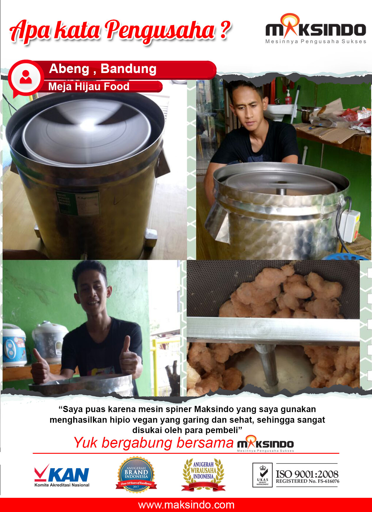 Meja Hijau Food : Hasil Produk Garing dan Sehat dengan Spinner dari Maksindo