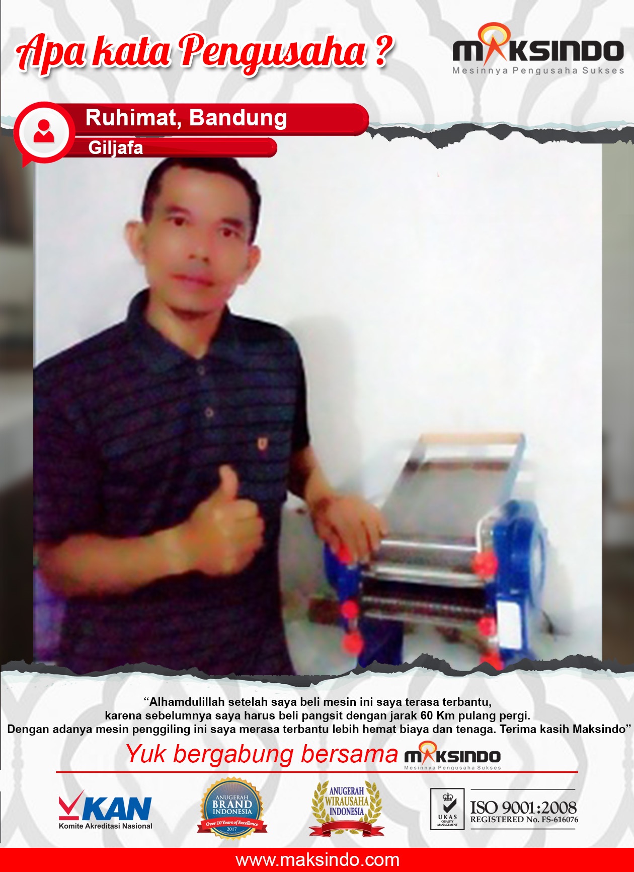 Giljafa : Sangat Terbantu dan Hemat Biaya Dengan Mesin Cetak Mie Maksindo