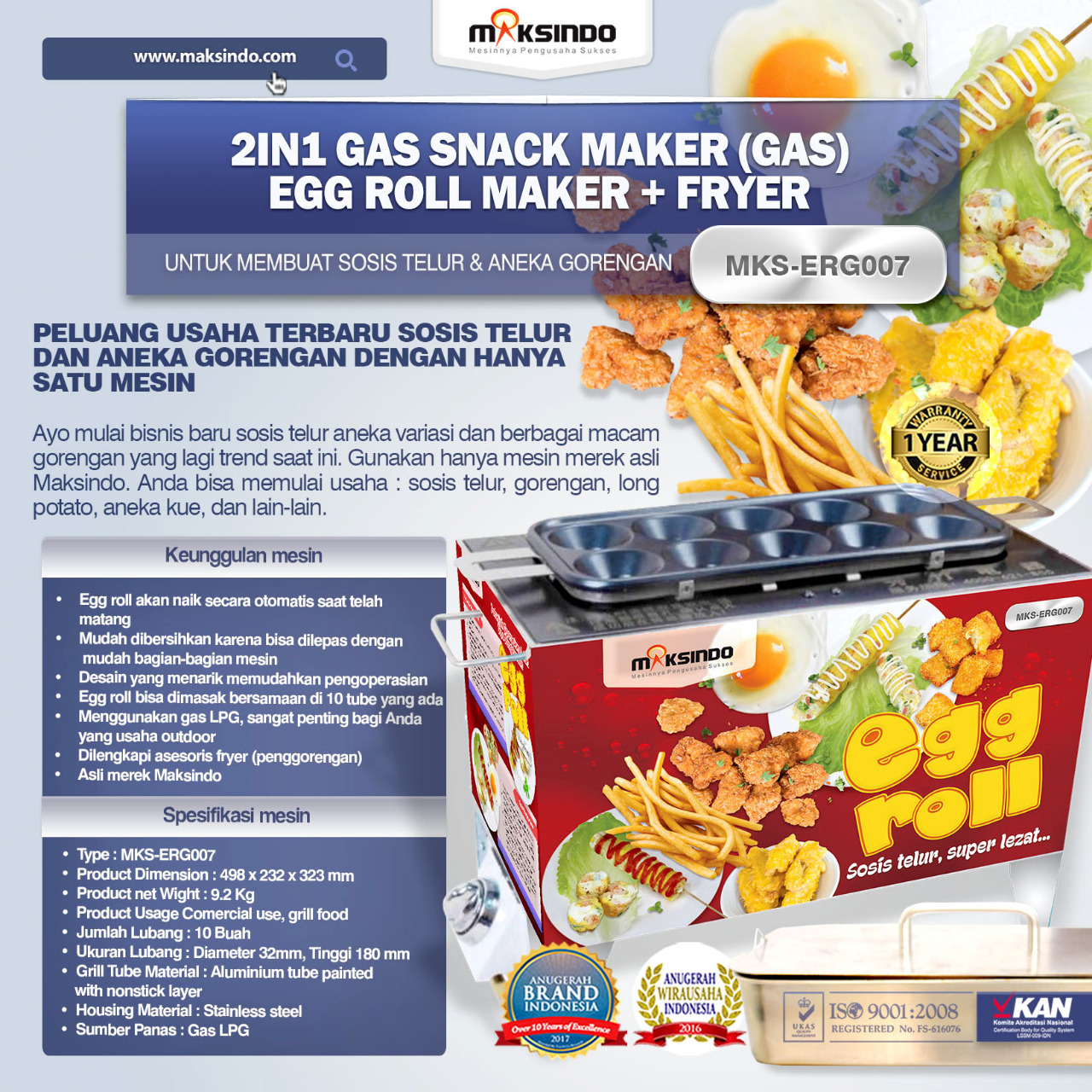 Jual Mesin Egg Roll Gas 2in1 Plus Fryer ERG007 Maksindo di Jakarta