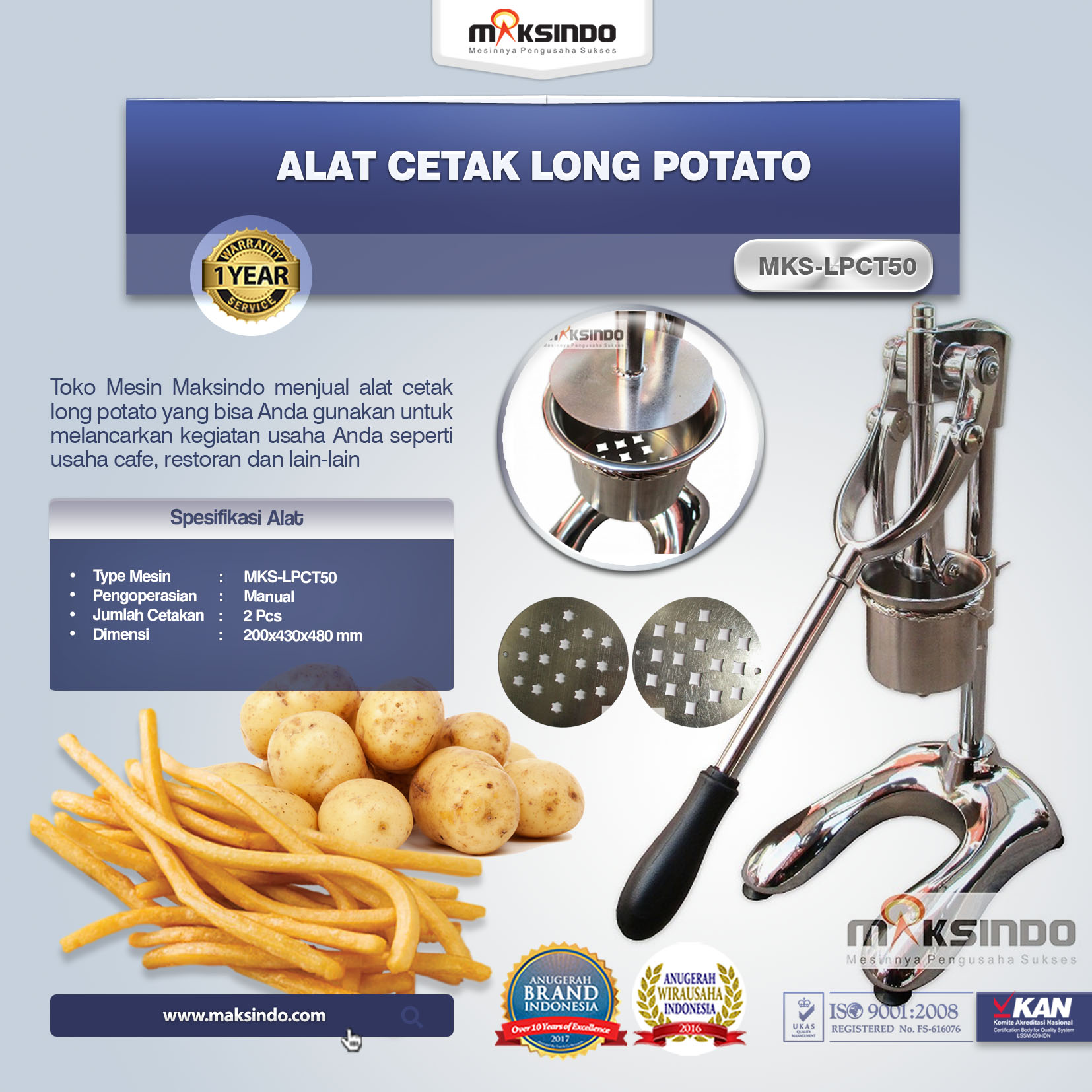 Jual Alat Cetak Long Potato MKS-LPCT50 di Jakarta