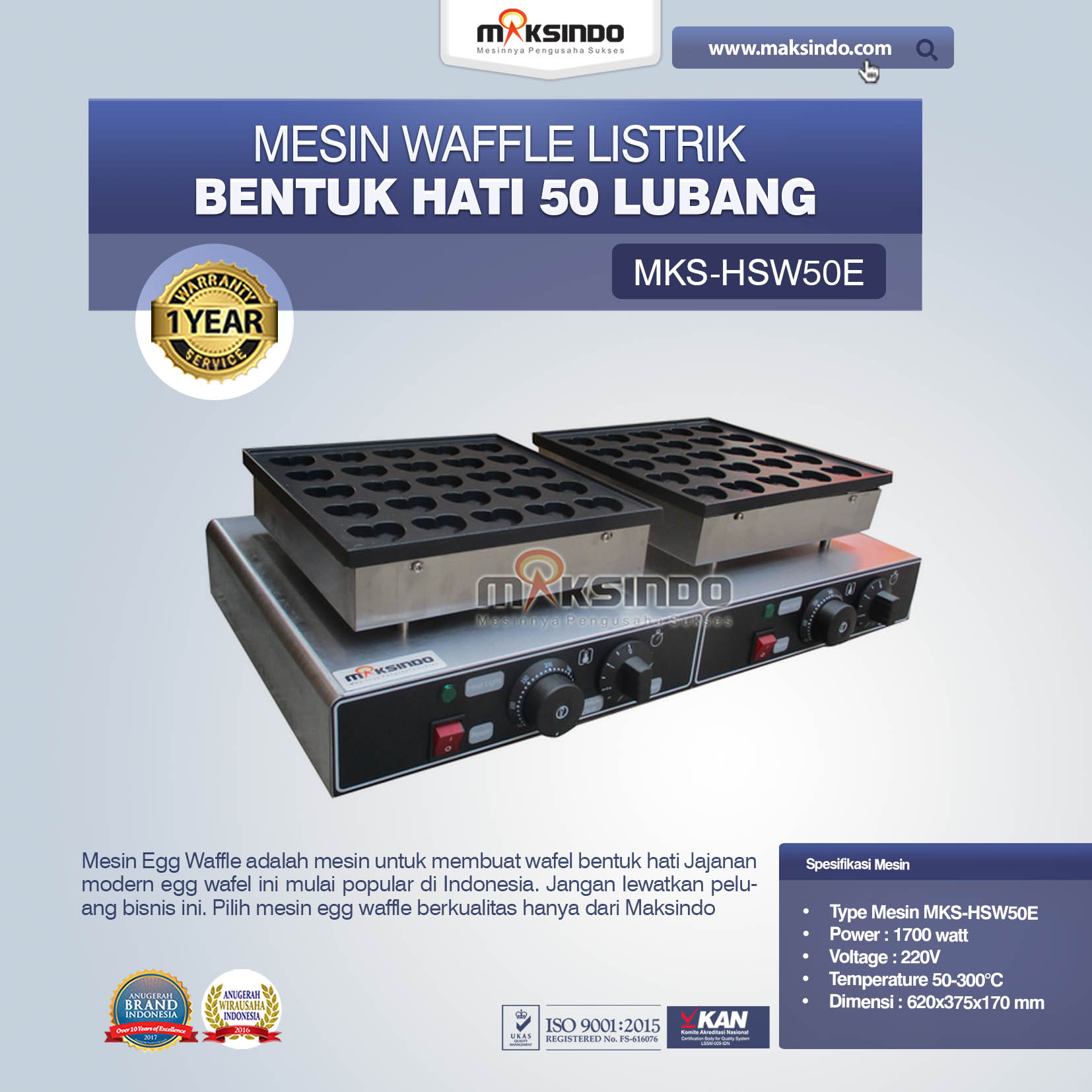 Jual Listrik Waffle Bentuk Hati 50 Lubang MKS-HSW50E di Jakarta