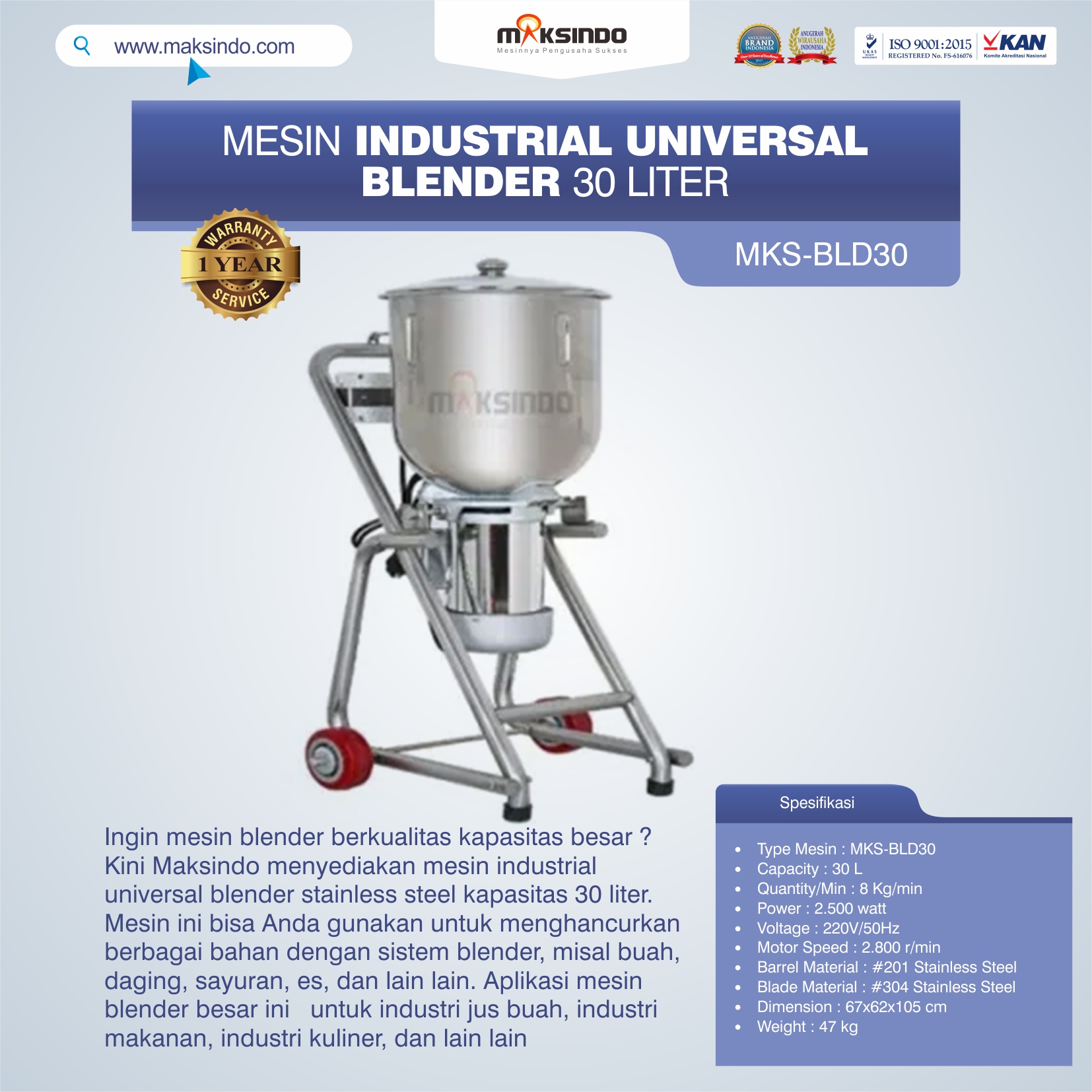Jual Industrial Universal Blender 30 Liter MKS-BLD30 di Jakarta