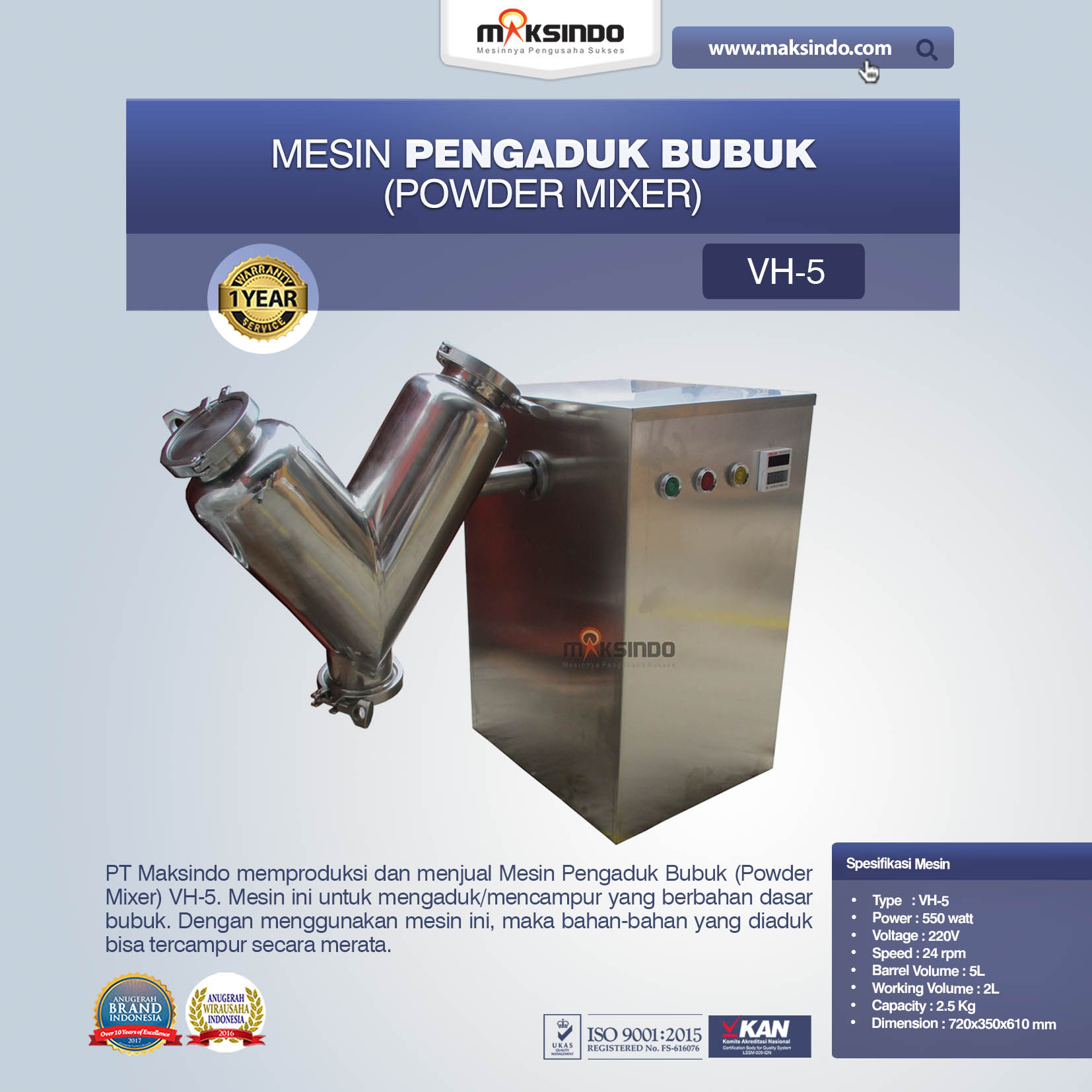 Jual Mesin Pengaduk Bubuk (Powder Mixer) VH-5 di Jakarta