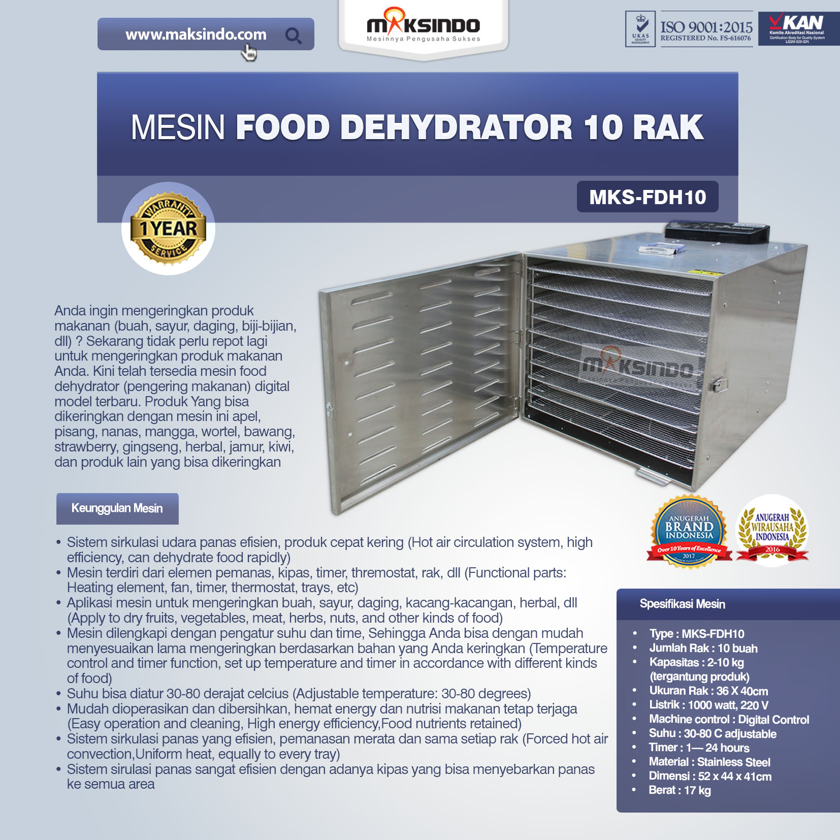 Jual Mesin Food Dehydrator 10 Rak (FDH10) di Jakarta