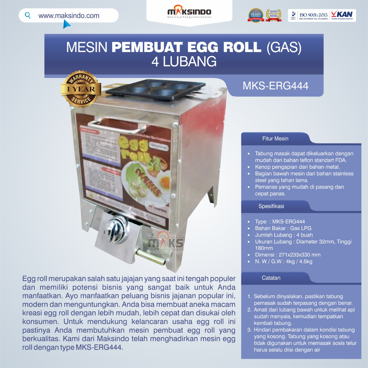 Jual Mesin Pembuat Egg Roll (Gas) 4 Lubang MKS-ERG444 di Jakarta