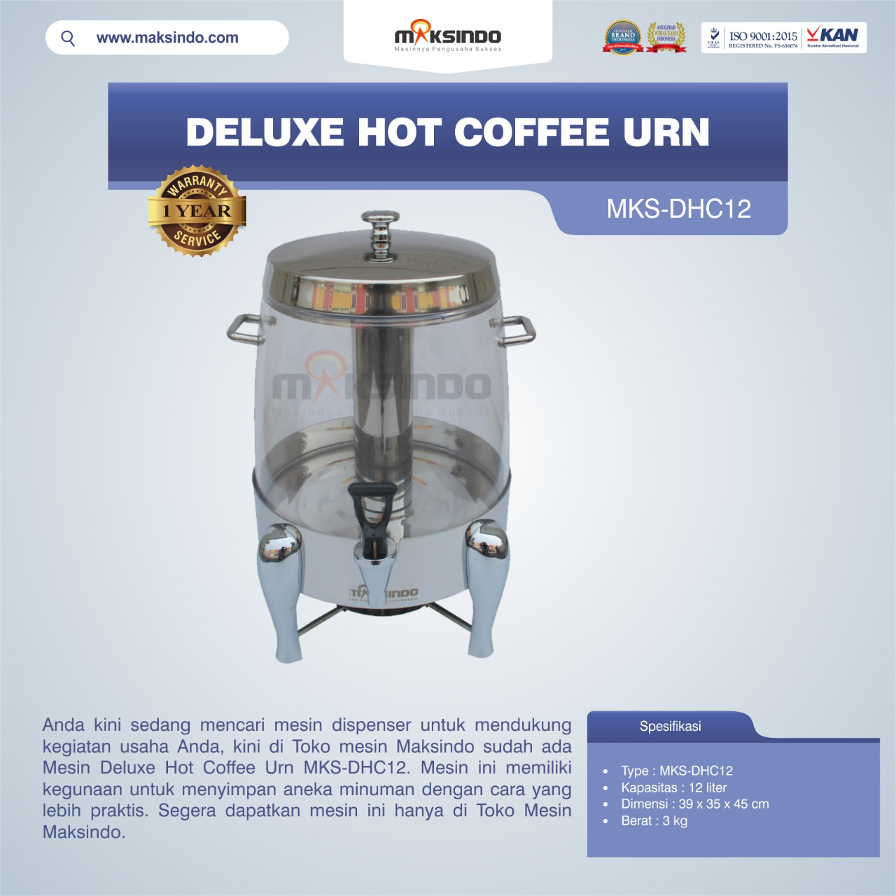 Jual Deluxe Hot Coffee Urn MKS-DHC12 di Jakarta