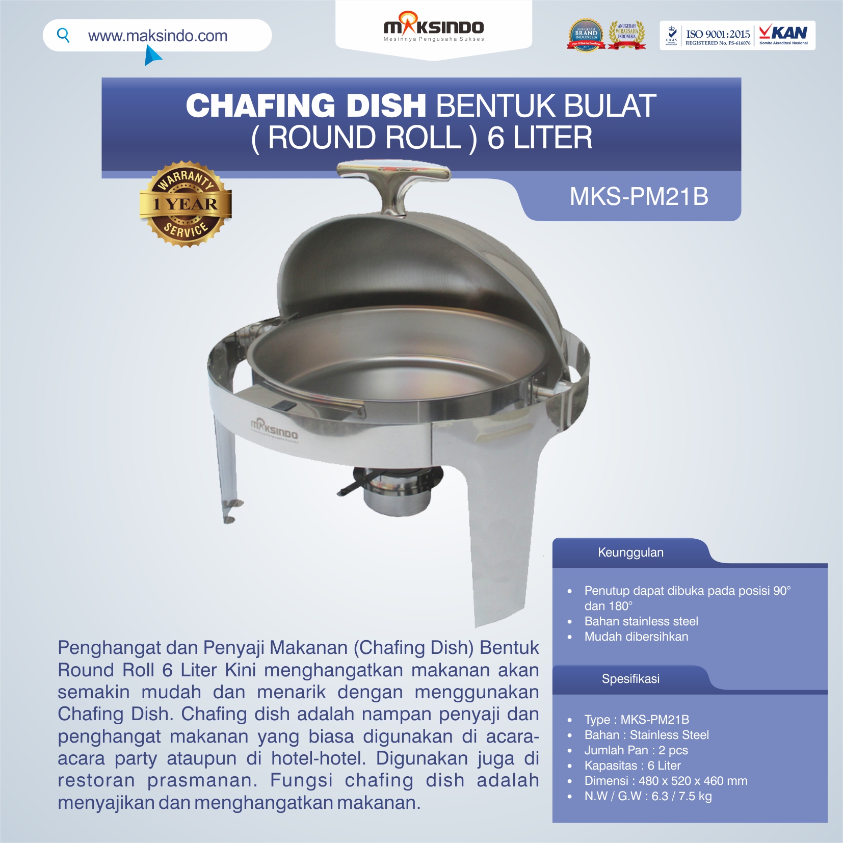 Jual Chafing Dish Bentuk Bulat (Round Roll) 6 Liter di Jakarta