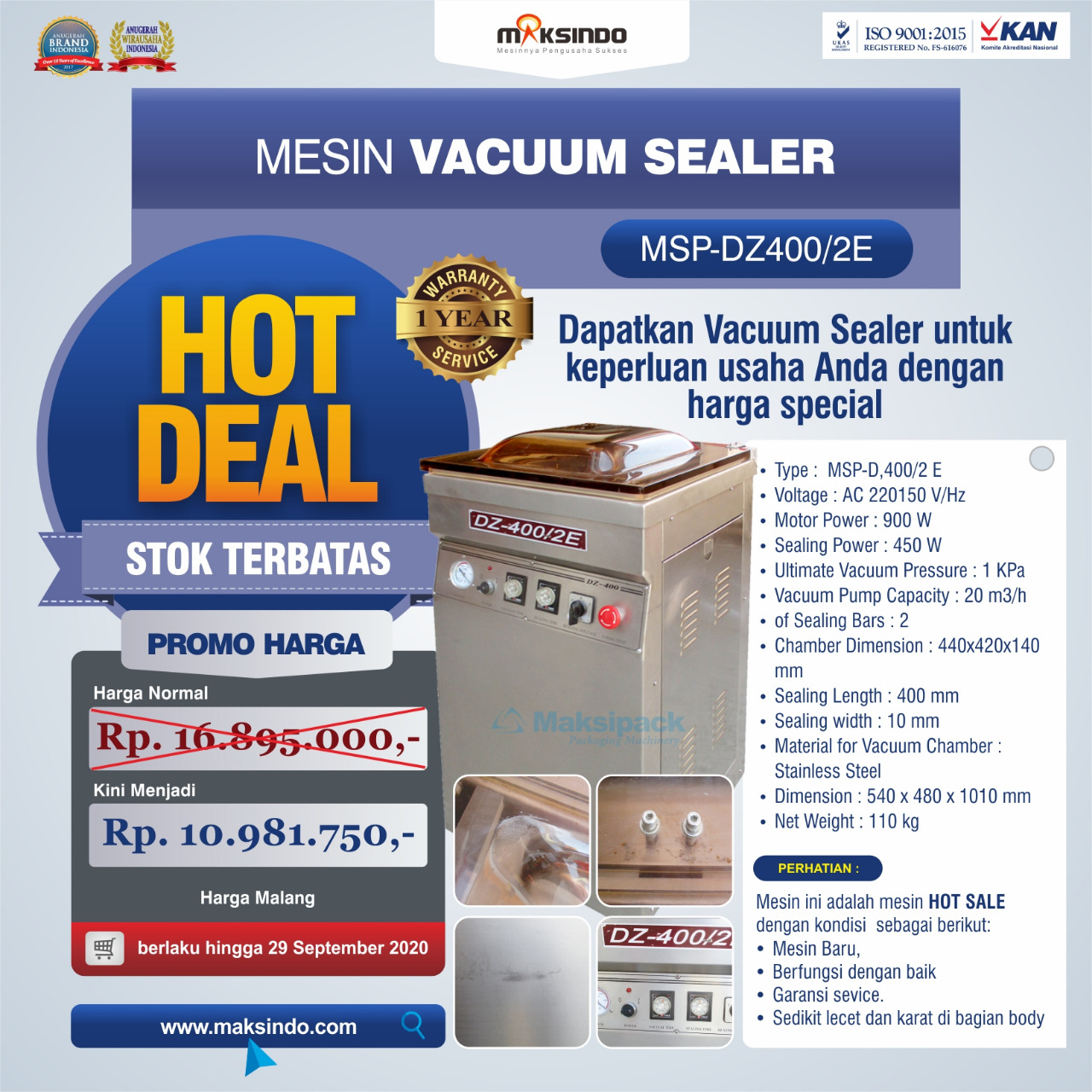 Hot Deal Mesin Vacuum Sealer Type MSP-DZ400/2 E